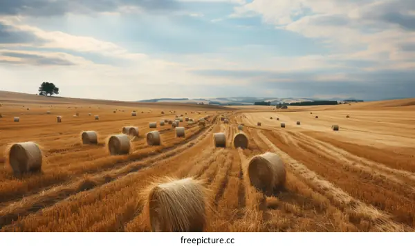 Golden Hay Rolls Dot Landscape Under Brooding Sky
