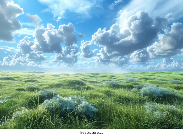 Fluffy White Clouds over a Verdant Prairie