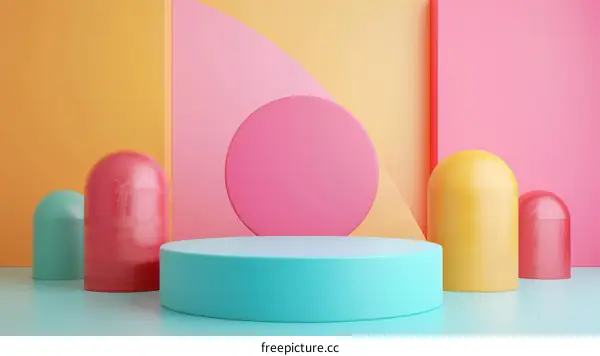 Abstract Blue Podium with Pink and Yellow Geometric Shapes