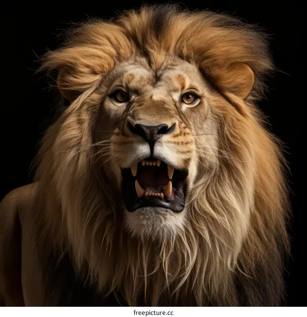 Close-up of a roaring lion with a dark background