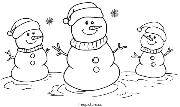 Three Happy Snowmen Standing in the Snow