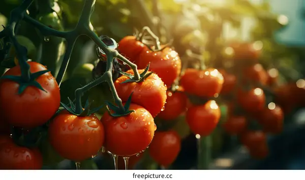 Close-up of ripe tomatoes growing in a greenhouse