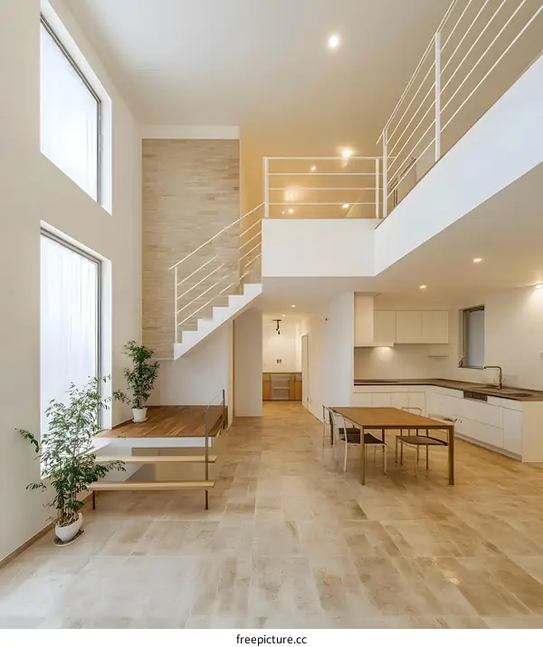 Modern Open Plan House Interior Design with Staircase and Wooden Flooring