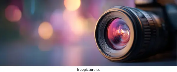 Closeup of a camera lens with bokeh background