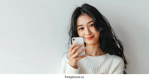 Smiling Woman Holding Smartphone with White Background
