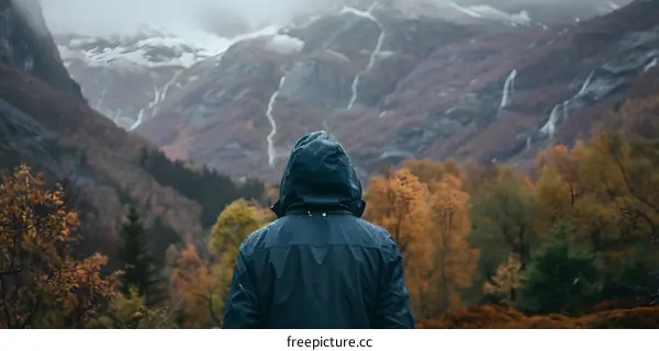 Person in a Raincoat Standing in Front of a Mountain Range