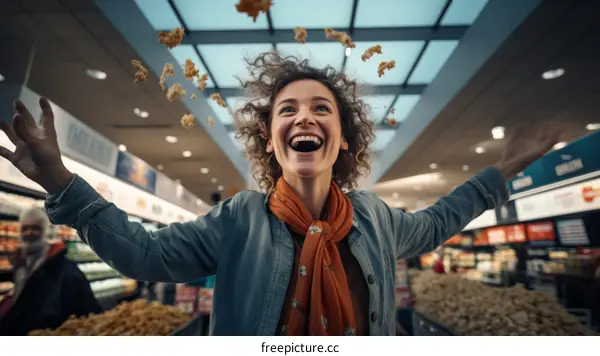 Ecstatic woman rejoices in a rain of popcorn in celebration