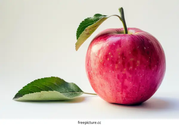 A red apple with a single leaf on a white background