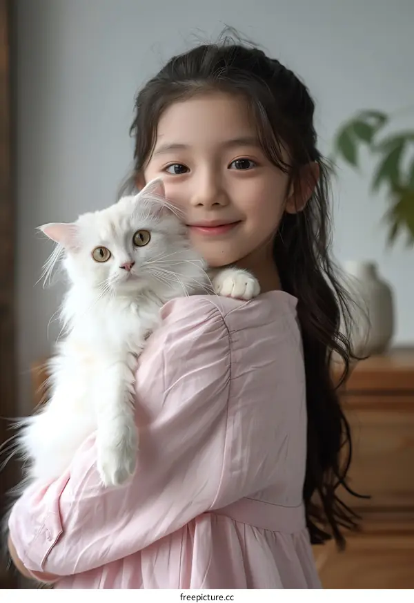An adorable little Asian girl with long black hair is hugging a white Persian cat