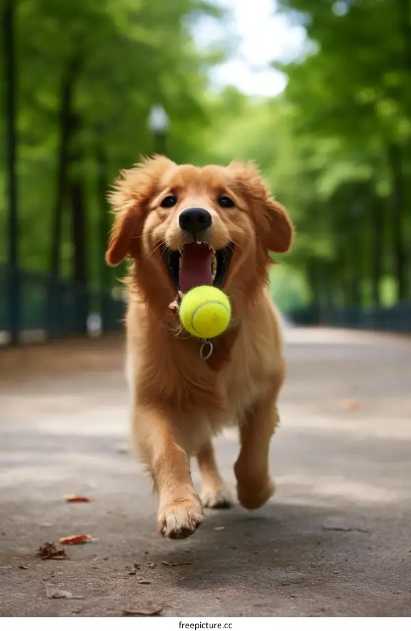A Golden Retriever Dog Running in the Park With a Ball in Its Mouth
