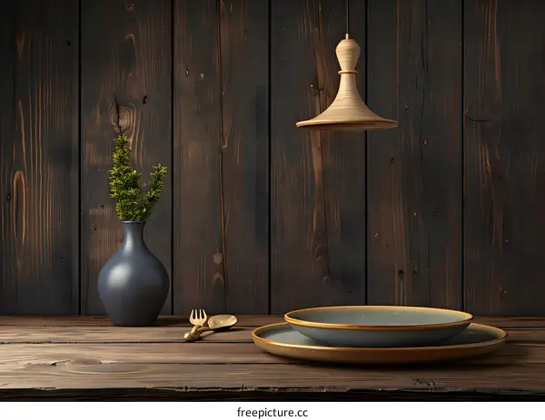 Rustic Wooden Wall with Hanging Light and Table Setting