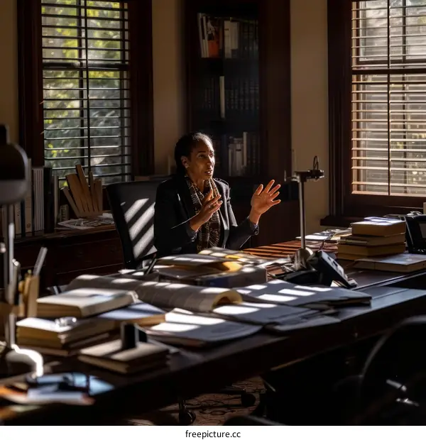 Black woman sitting at desk in office talking with hands outstretched