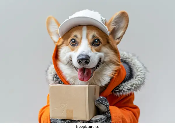 A cute corgi dog wearing a hat and coat is delivering a package.