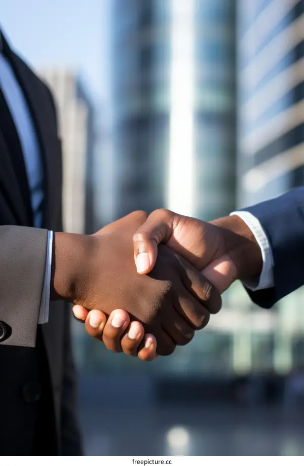 Businessmen of African descent shaking hands outdoors in a professional setting