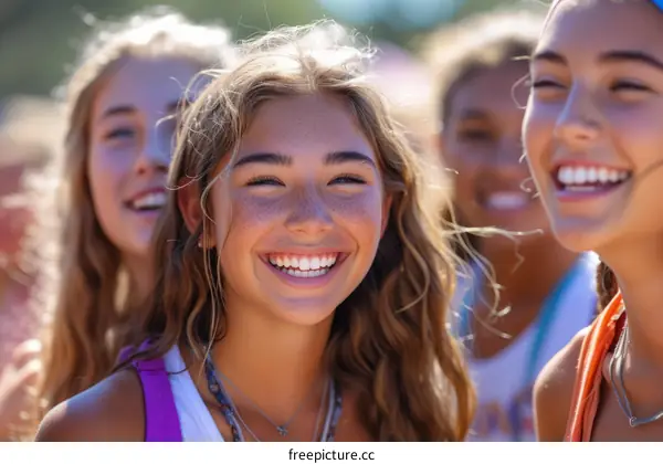 Four happy teenage girls with freckles and long brown hair