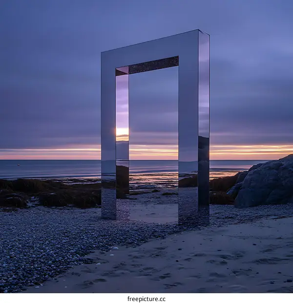 Reflective Metal Frame on a Beach with a Sunset View