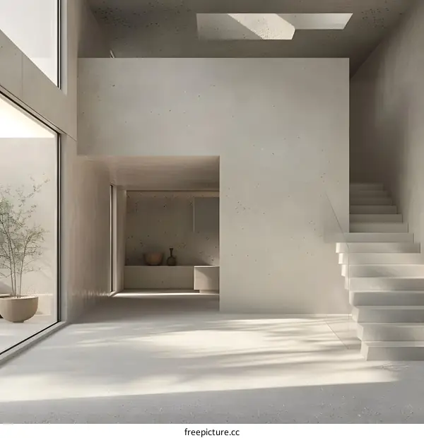 Minimalist Concrete Interior Design With Staircase And Window