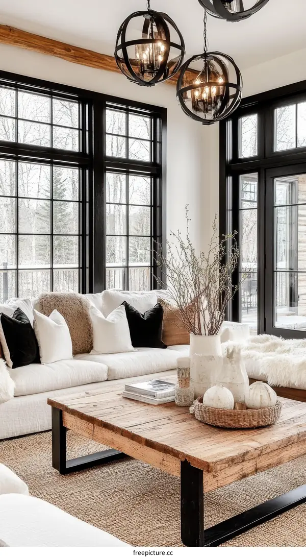 Modern Rustic Living Room with Large Wooden Coffee Table