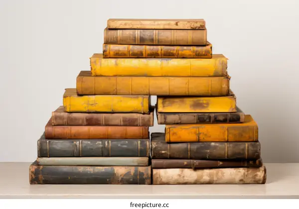 A stack of old books arranged in a triangular shape