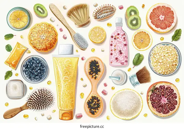 Natural skincare ingredients and cosmetic products, top view, flat lay