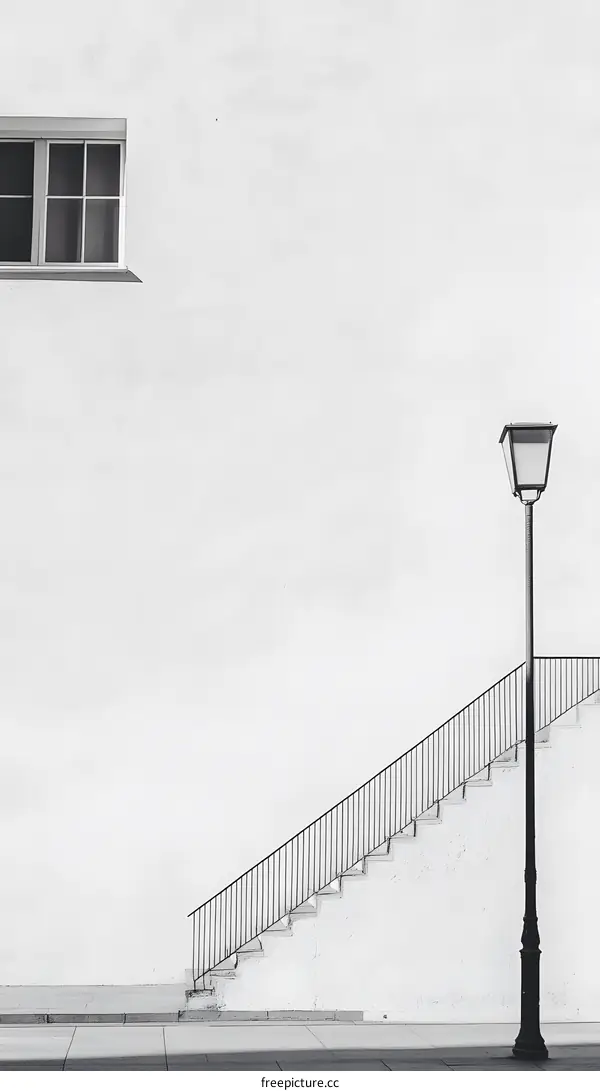 Black and White Minimalist Architecture  With a Street Light and Steps