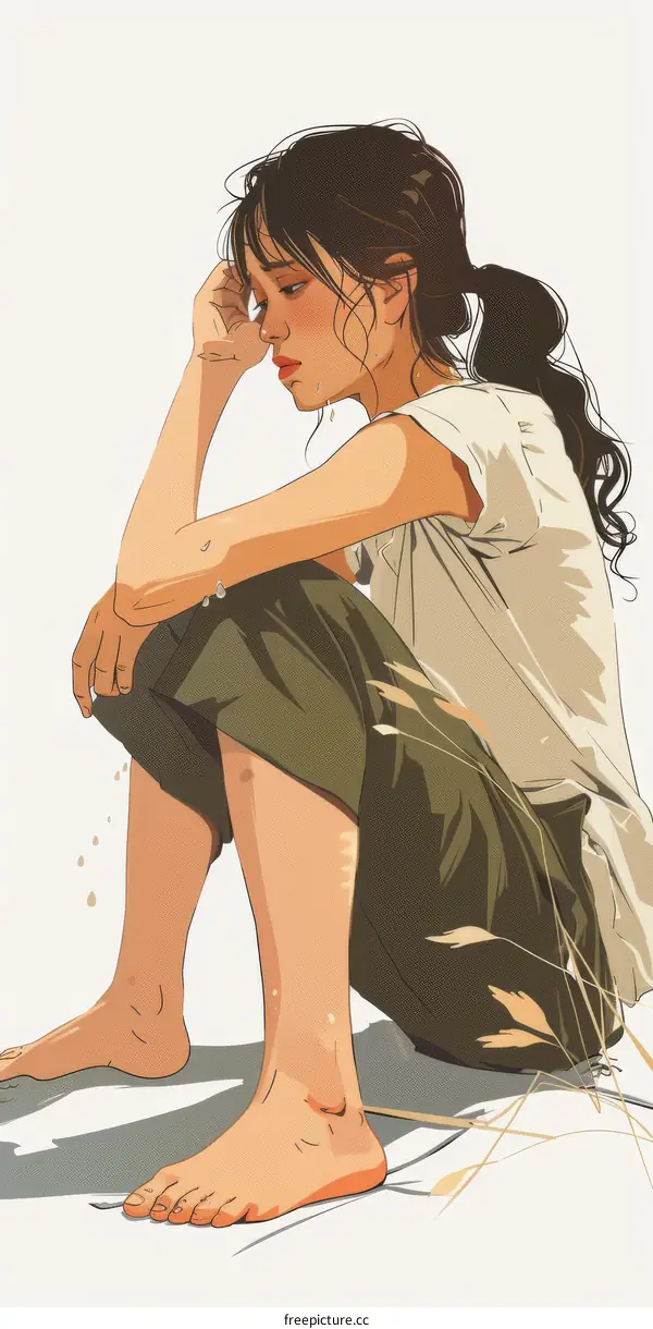 A thoughtful girl sitting on the beach with her hand on her head