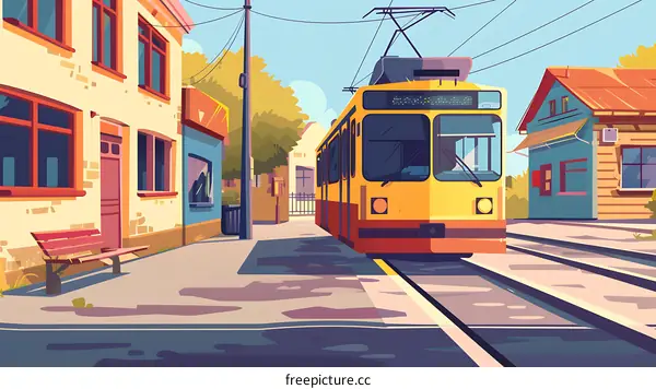 Yellow Tram Car in a City Street with Buildings