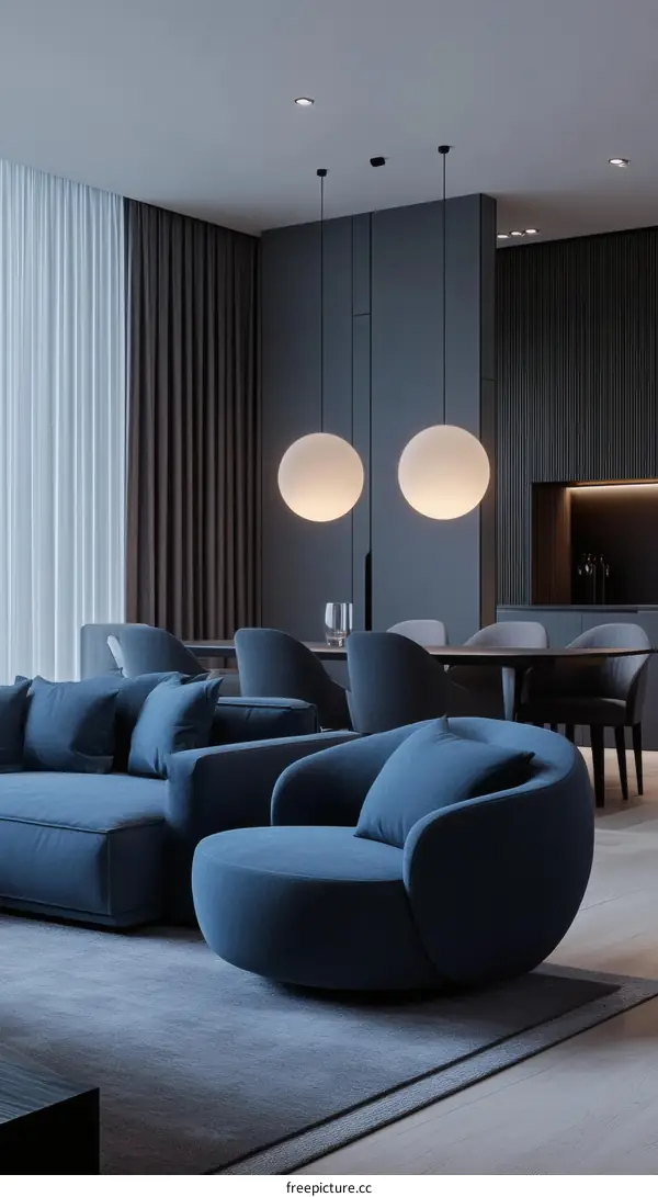 Modern Living Room Interior Design with Dark Blue Furniture