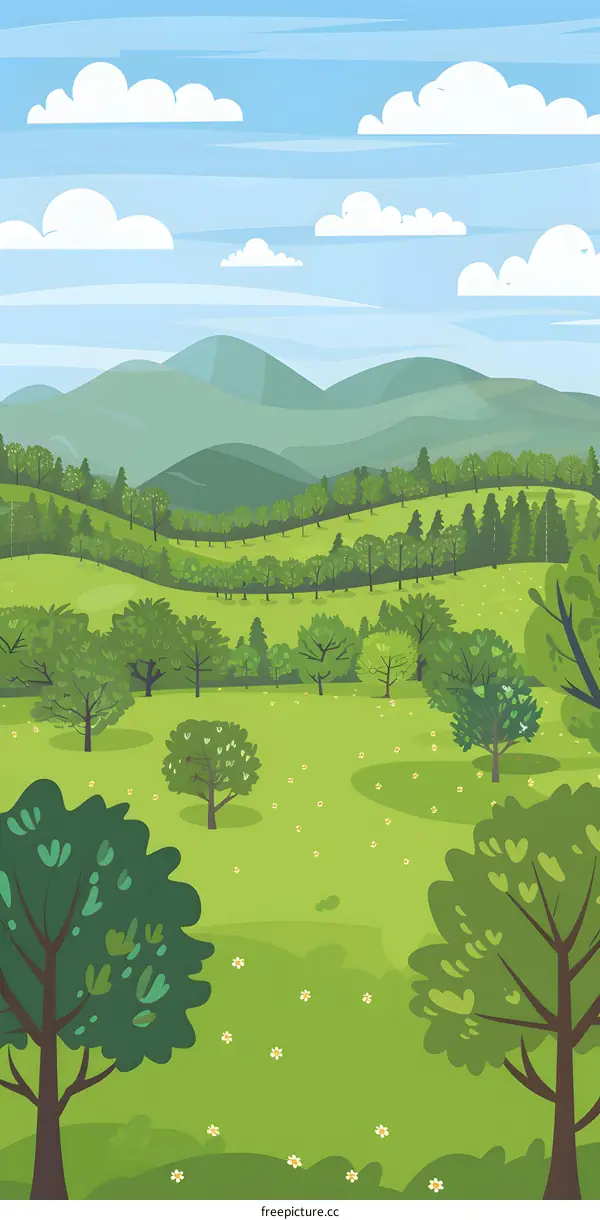 Green Grass Landscape with Blue Sky and Clouds