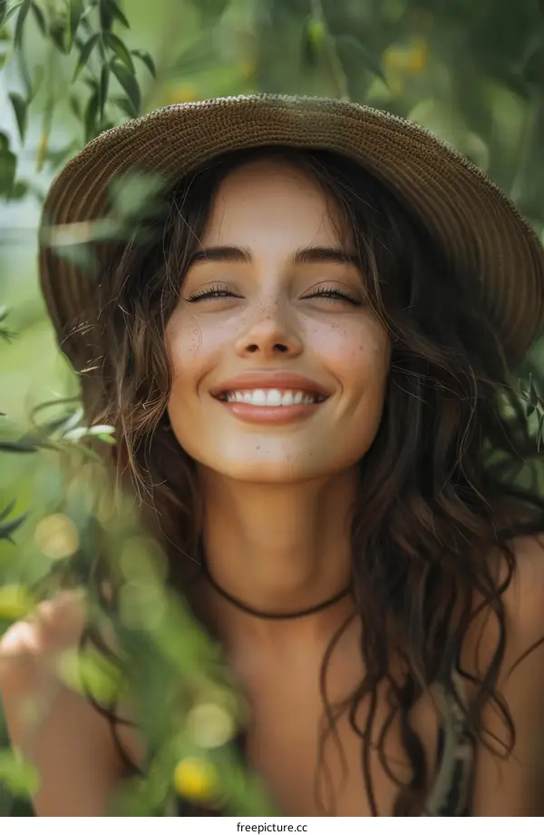 Woman Wearing Straw Hat in Nature