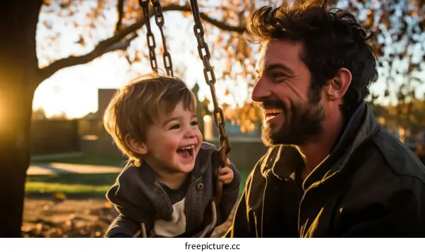 Father and son playing on a swing set in the park