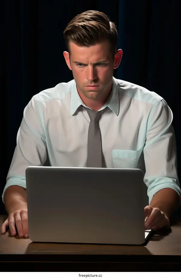 A young man in a shirt and tie looks at his laptop with a serious expression