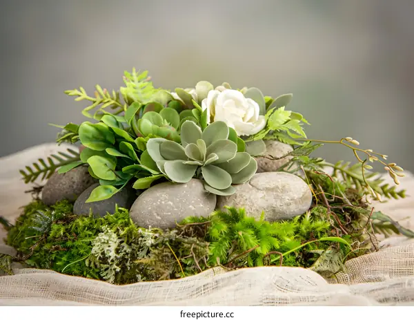 Green Succulents With White Flowers and Stones