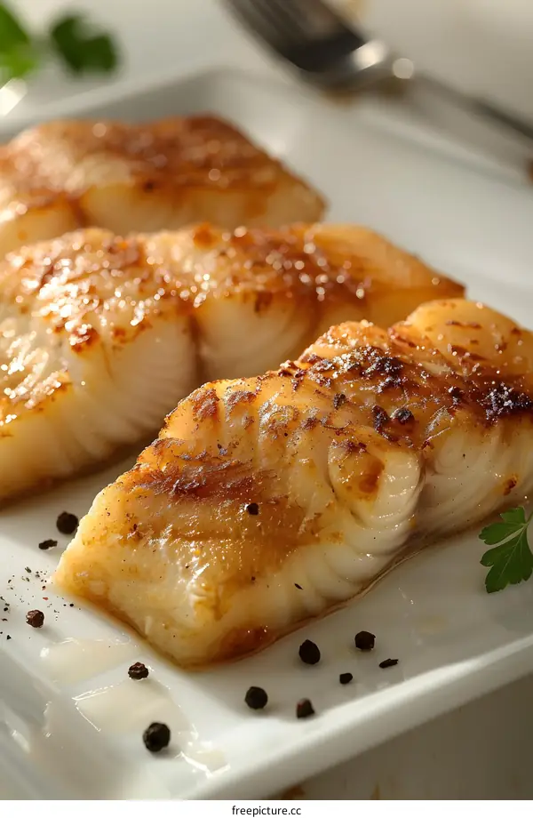 Three pieces of fried fish on a white plate