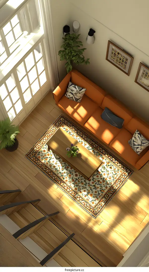 Living Room Interior Design with Orange Sofa and Floral Rug