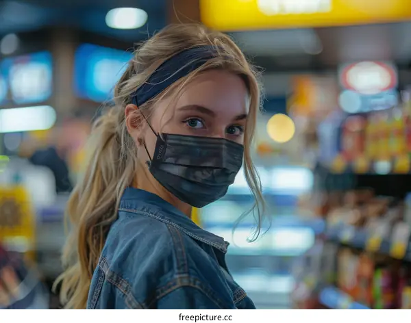 Young woman wearing a mask in a supermarket