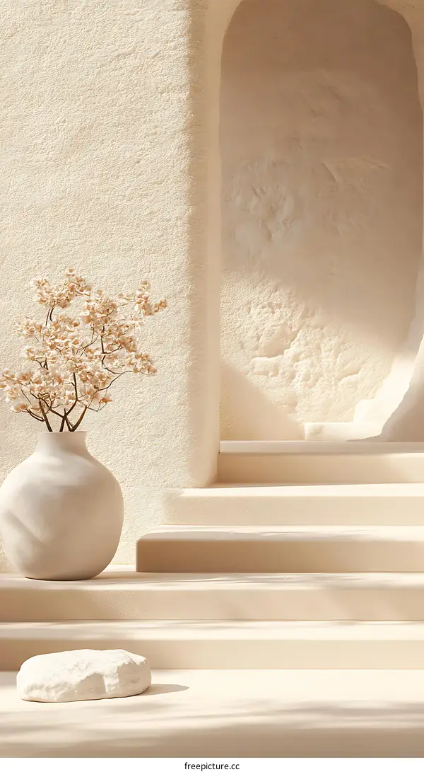 Minimalist White Interior Design With Stairs and a Flower Vase