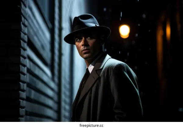 A man in a hat and coat standing in a dark alleyway