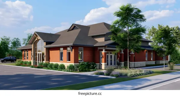 Modern Brick Building with Large Windows and a Green Lawn