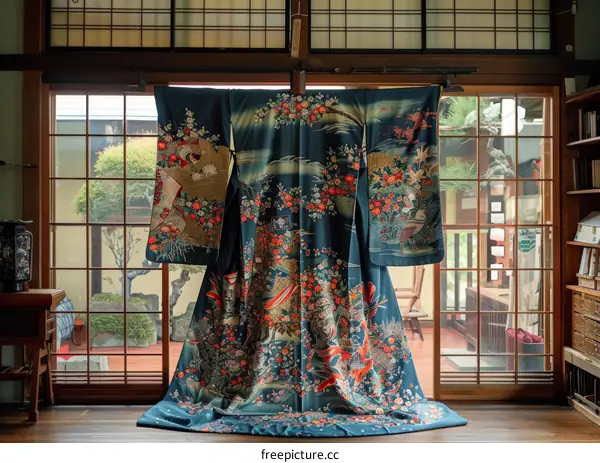 A kimono with a pattern of flowers and birds