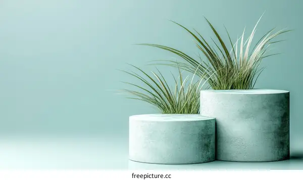 Modern Minimalist Product Display with Cylindrical Pedestals and Grass