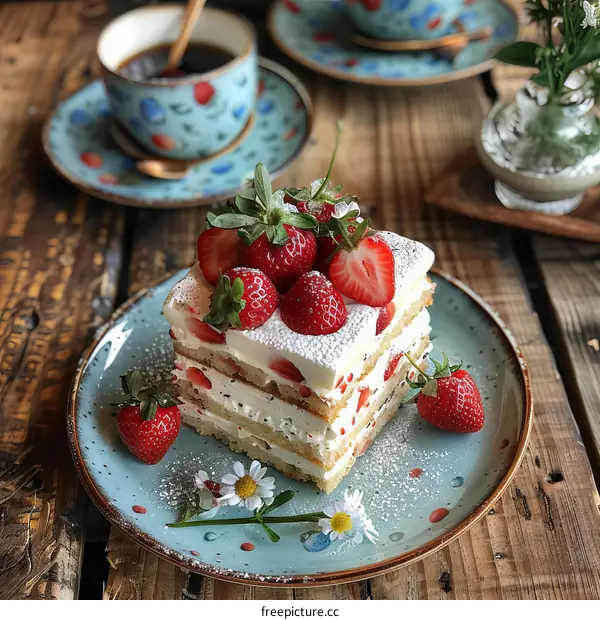 A delicious strawberry cake on a blue plate with a cup of coffee on the side