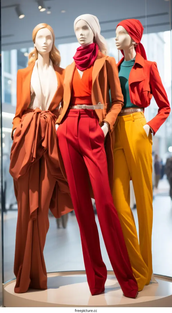 Fashion models dressed in colorful suits