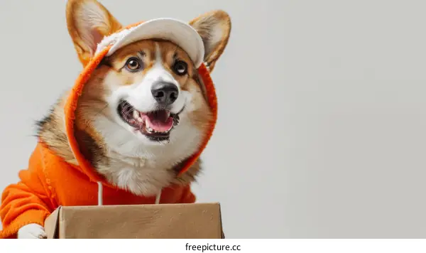 Dog in Orange Hoodie with Delivery Box