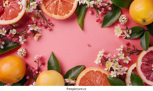 Pink Background with Grapefruit Slices and Flowers