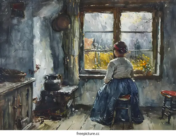 A woman is sitting on a chair in front of a window looking out at the autumn landscape