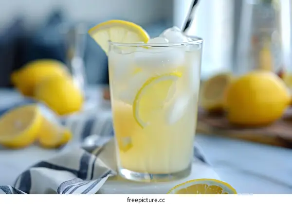 Glass of Lemonade with Lemon Slices and Ice