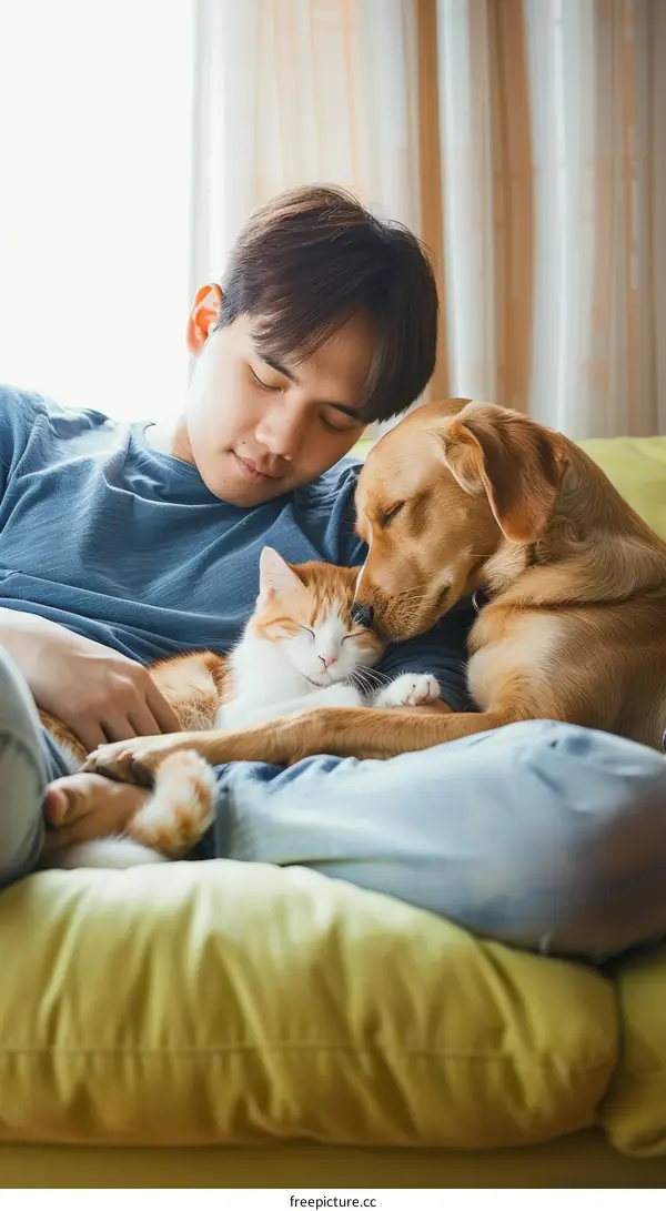 A man is lying on a couch with a cat and a dog.