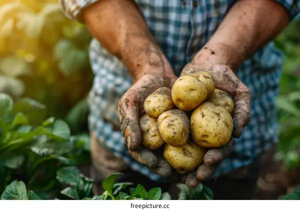 Farmer holding a handful of freshly harvested potatoes