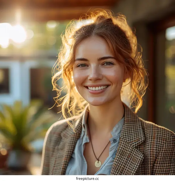 Portrait of a smiling young woman with red hair and freckles